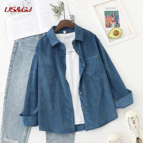 Fashion Corduroy Off Blue Women Shirts Womens Tops And Blouses Long Sleeve Spring Ladies Loose Style Shirt White Blusa Mujer