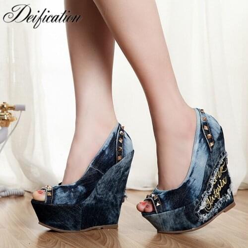 Deification High Platform Slip On High Heels Rivet Studded Denim Gladiator Sandals Women Peep Toe Wedge Heel Canvas Shoes Zapato