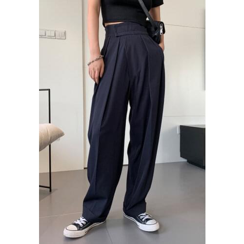 High Waist Brief Pleated Long Wide Leg Trousers New Loose Fit Pants Women Fashion Velcro Waist Tide Summer 2020
