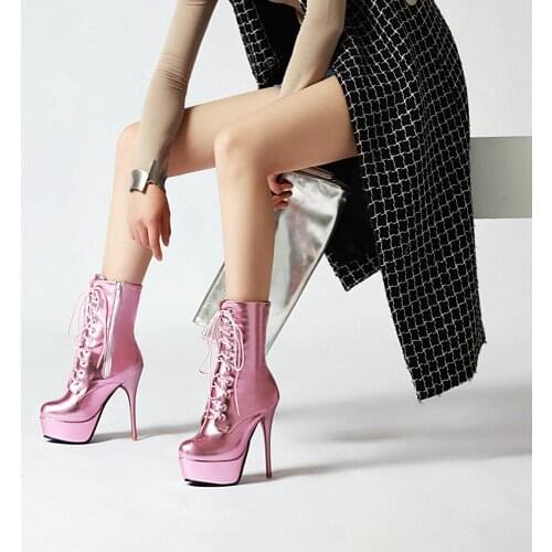 Ladies Big Size 31-48 Short Woman Mujer Ankle Boots Sexy Super High Heels 13.5 cm Party Wedding Women Shoes Pumps
