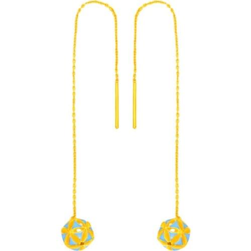 Pure 24K Yellow Gold Earrings Women 999 Gold Ball Dangle Earrings
