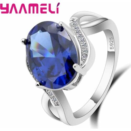 Oval Shape High-End Blue Zircons Setting 925 Sterling Silver Rings For Women Wedding Costume Bague Stylish Jewelry