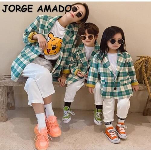 2021 Autumn Family Matching Coat Green Plaid Long Sleeves Turn-down Collar Suit Jacket Mum Daughter Collocation Look E8038
