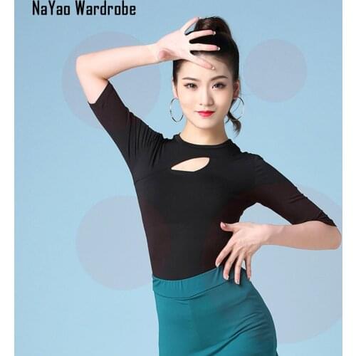 Black Latin Dance Dress Women Half Sleeve Boat Neck Tops for Ballroom Samba Tango Chacha Belly Dancing Performamnce SS060