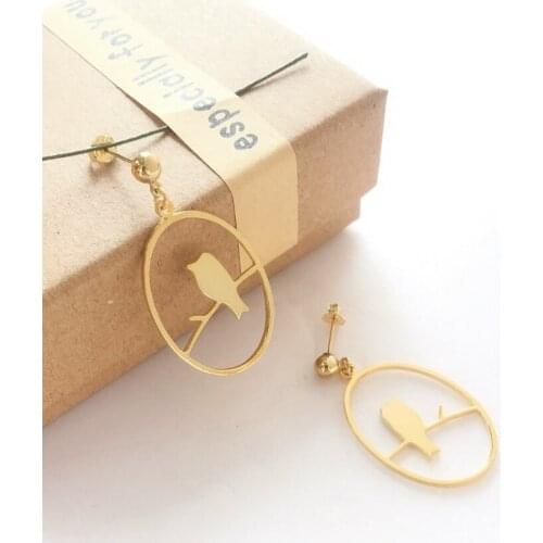 Gold Bird on Branch Earring Solid Silver Dangle Earrings Oval Earrings Retro Earrings for Women
