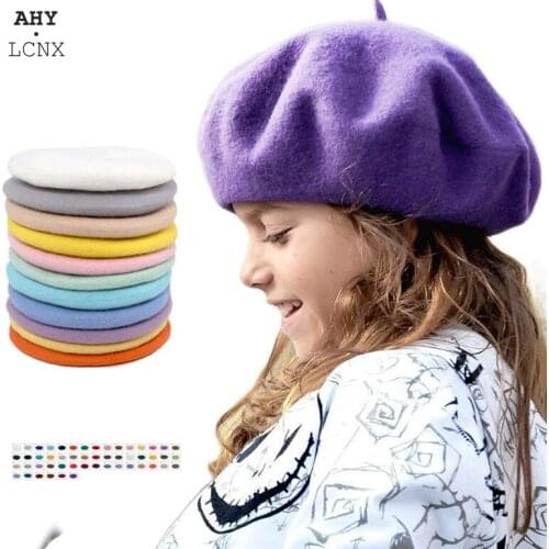 2021 Fashion New Wool Baby Hat for Girls Candy Color Elastic Infant Baby Beret Hats Princess Kids Kids Caps for Girls 2-12Y