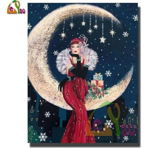Diamond Painting Elegant Lady Cross Stitch Kits Full Square Diamond Embroidery Portrait Mosaic Home Decor Moon Red Dress Woman