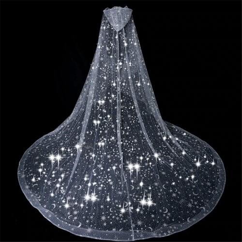 Bling Bridal Veil Wedding Cape White Sparkly Glittering Stars Moon Long Cathedral Sequined Shawl Hooded Veil for Bride Cloak