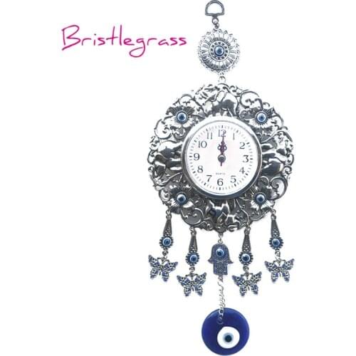 BRISTLEGRASS Turkish Blue Evil Eye Quartz Wall Clock Butterfly Flower Elephant Hanging Pendant Amulet Lucky Charm Blessing Decor