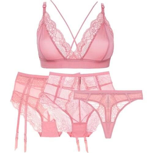 Pink wire free cross shoulder strap sexy bra underwear womens single layer lace detachable strap panties bra+3panties 4pcs/pack