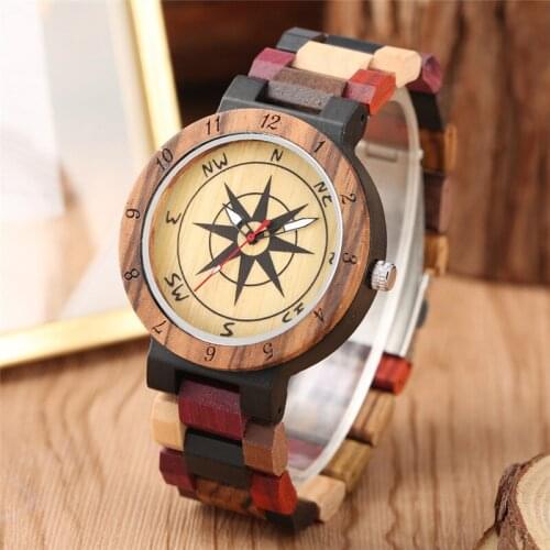 Handmade Compass Dial Clocks Couple Bamboo Watch Large Dial Wood Quartz Watch for Men Women Colorful Wooden Strap herren uhren