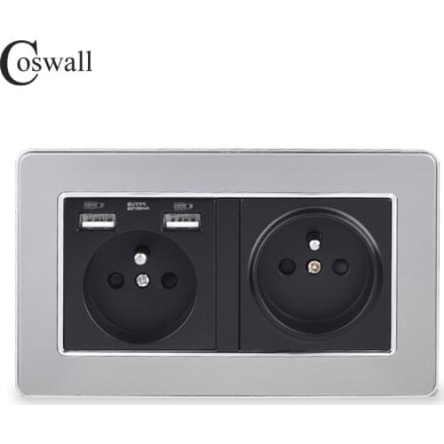 COSWALL Silver Stainless Steel Panel French / Polish Wall Socket With Dual USB Charging Port Black Color