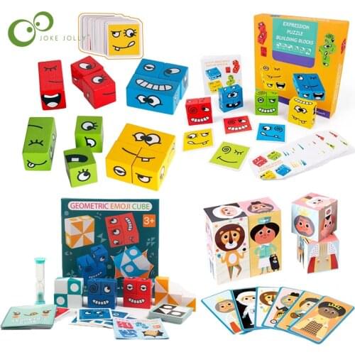 Wooden Expressions Matching Block Puzzles Building Cubes Toy Borad Games Educational Montessori Toys for Kids Children Gifts YJN