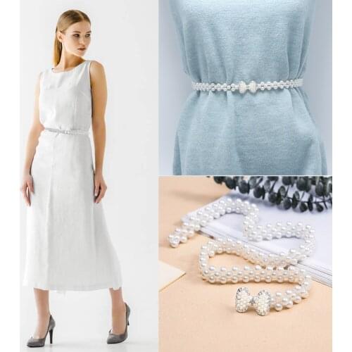Elegant Women Pearl Belt Waist Belt Elastic Buckle Pearl Chain Belt Female Girls Dress Crystal Strap Creative Ladies Accessories