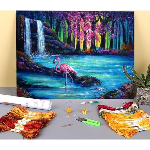 Natural Scenery Flamingo Falls Printed Water-Soluble Canvas 11CT Cross Stitch Embroidery Patterns DMC Threads Package