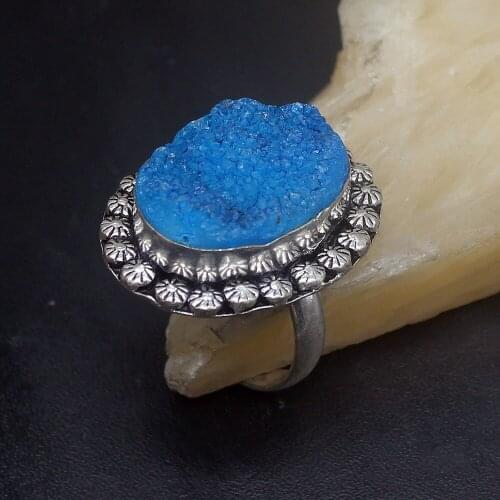 Hermosa Jewelry Vintage Blue Titanium Druzy Silver Color Wedding Charms Band Ring For Women Mens Size 11.5 HD950