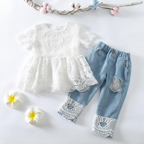 FOCUSNORM 1-8Y Summer Lovely Kids Girls Clothes Sets 2pcs Lace Flowers Printed Short Sleeve Dress Tops Denim Pants
