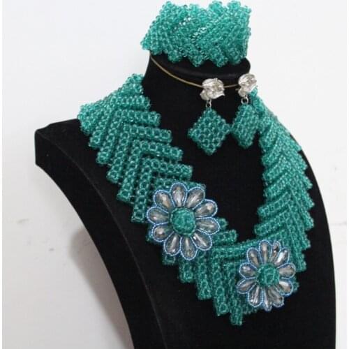 4UJewelry Costume Jewellery Set Teal Green African Style Women Necklace Set With Silver Flowers Nigerian Weddings Party Gift Set