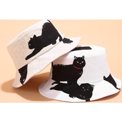 Cute Cat Pattern Bucket Hat Women Summer Fisherman Fishing Hat Foldable Outdoor Street Trend Hip Hop Hat Flat Top Sunshade Cap