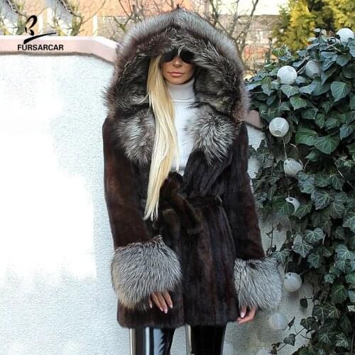 FURSARCAR 2020 New Luxury Womens Winter Real Mink Fur Coat With Raccoon Fur Collar Cuff For Female Genuine Natural Fur Jacket