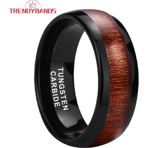 8MM 6MM Black Mens Womens Tungsten Rings Wedding Bands Koa Wood Inlay Domed Polished Shiny Comfort Fit