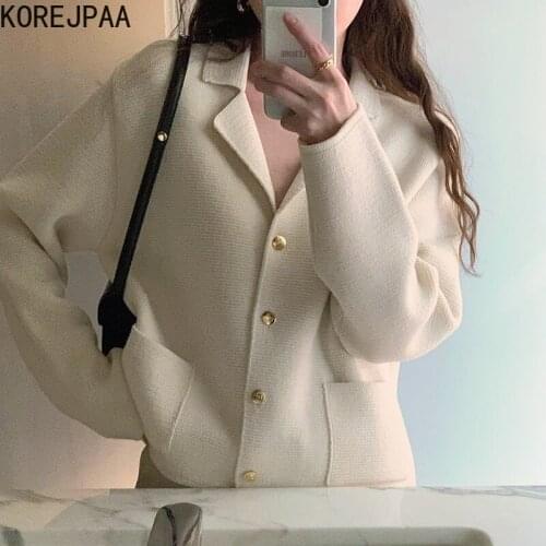 Korejpaa Autumn Simple Women Cardigans Korea Fashion Notched Collar Long Sleeve Loose Pockets Button Up Sweater Ladies Elegant