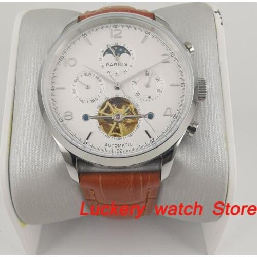 Parnis 43mm Automatic mechanical watches white dial moon week date 24 hours Automatic mens watches PA127