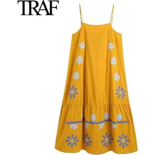 Traf Za Women Clothes Vintage Embroidered Dresses Summer Plus Size Suspender Long Dress Vestido Feminino
