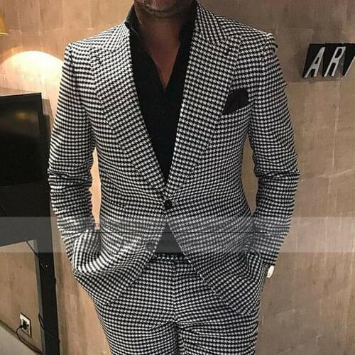 Spring/Autumn Black And White Slim Fit Houndstooth Tweed Blends Tuxedos Business Mens Suits For Office 2 Groomsmens Jacket+Pants
