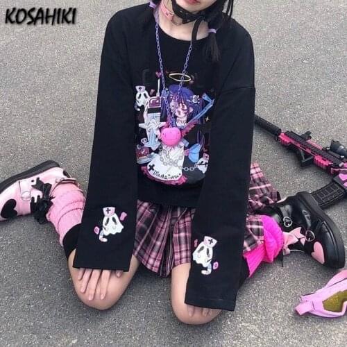 KOSAHIKI Anime Print Graphic T Shirts Women 2021 Fashion Harajuku Feminine Clothes Long T-shirts Fall Long Sleeve Tee Streetwear