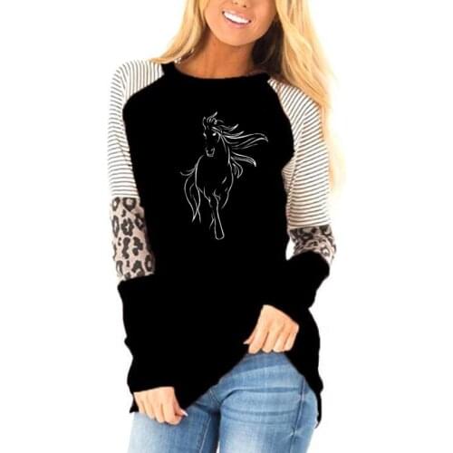 Autumn women Creative Horse animals Print T Shirt Women leopard color matching stripe round neck loose top long sleeve T-shirt