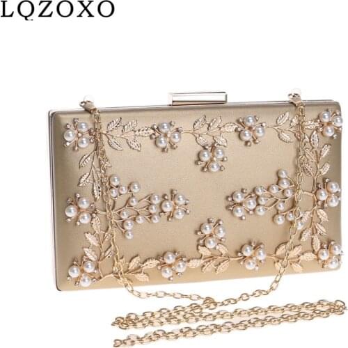 Women Fashion Clutch Bag Beaded Leaf Metal Gold Lady Evening Bag Chain Shoulder Handbags Party Wedding Bridal Bags