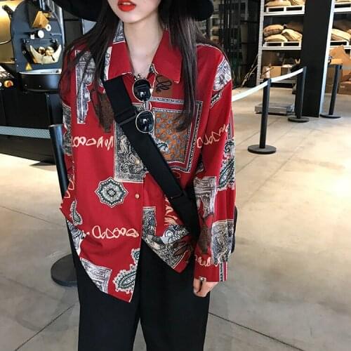 Women chic harajuku vintage print comic painting long sleeve shirt thin spring summer T shirt soft polo-neck girl shirt T1323