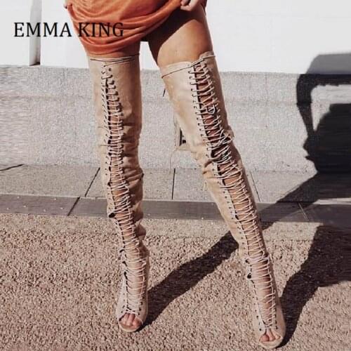 2021 Spring Women Front Lace Up Gladiator Sandals Boots Cross-tied Thigh High Boots Sandals Sexy High Heels Over The Knee Boots
