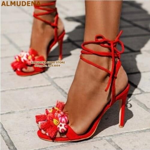 ALMUDENA Newest Bohemian Pom Pom High Heel Sandals Red Blue Fringe Fluffy Lace-up Dress Shoes Small Ball Wedding Stiletto Heels