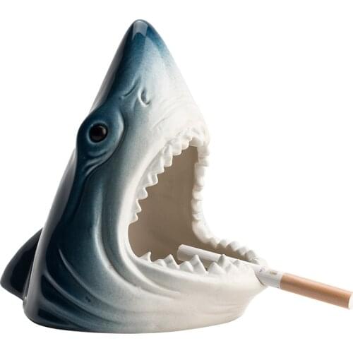 Big Blue Shark Mouth Ashtray Ceramic Household Cute Animal Creative Keychain Coin Storage Jar Windproof Soot