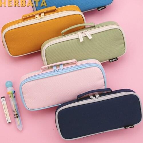 Large Capacity Portable Double Layer Simple Solid Color Cloth Pencil Case Stationery With Removable Compartment School Supplies