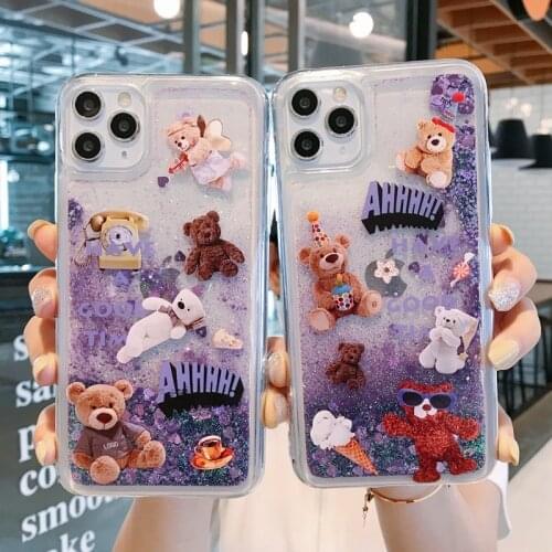 Cute Bear Glitter Love Heart Liquid Case For iPhone 11 X XS Max XR 11 Pro Max 6 6s 7 8 Plus SE 2020 Quicksand Bling Sequin Cover