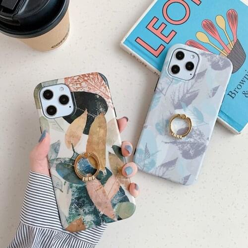 Retro Flowers Leaves Phone Case For iPhone 11 12 Pro X XR XS Max 8 7 Plus SE2020 12 Mini Soft IMD Finger Ring Back Cover Coque
