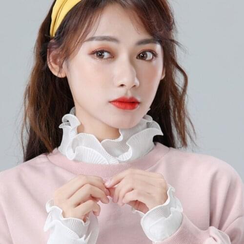 Women 2Pcs Layered Ruffled Stand False Collar with Fake Sleeves Cuffs Wristband Set Button Down Detachable Half Shirt