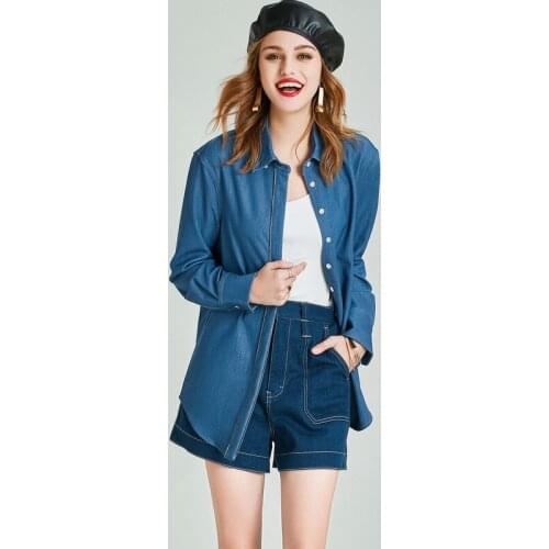 HAVVA Early Autumn Designed by Hand Curved Upright Design of DENIM Multi-function Button-down Collar long-sleeve Blouse C5809