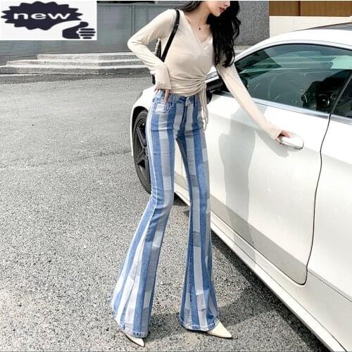 Fashion Splice Striped Flare Jeans Women Spring Autumn Office Denim Trousers Slim Vintage Bell-Bottom Pants Female Streetwear
