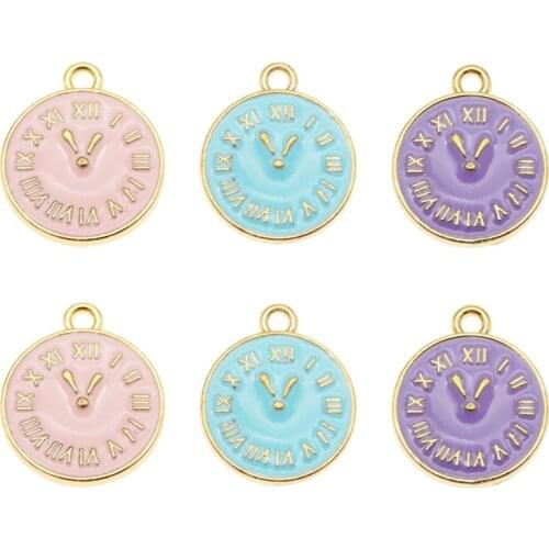 Julie Wang 15PCS Enamel Round Clock Charms Blue Pink Purple Gold Tone Clocks Bracelet Earrings Alloy Jewelry Making Accessory