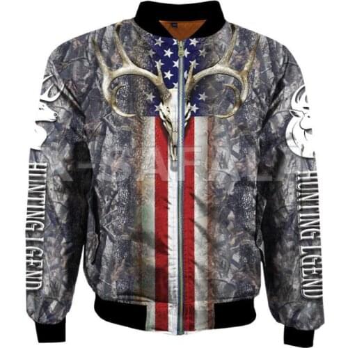 Men Unisex Deer Skull Hunting 3D Print Flight Jacket USA Flag Bomber Jackets Zipper Thick Coat Casual Harajuku Women Streetwear