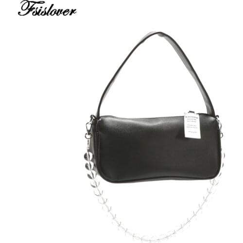 Fashion Baguette Bag Crystal pearl chain Women Messenger Handbags PU Leather Street Solid Shoulder Bags Bolsa Mujer 2021 New