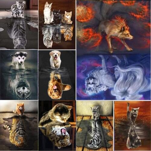 5D DIY diamond painting square rhinestone cat and dog reflection combination cross stitch mosaic decoration