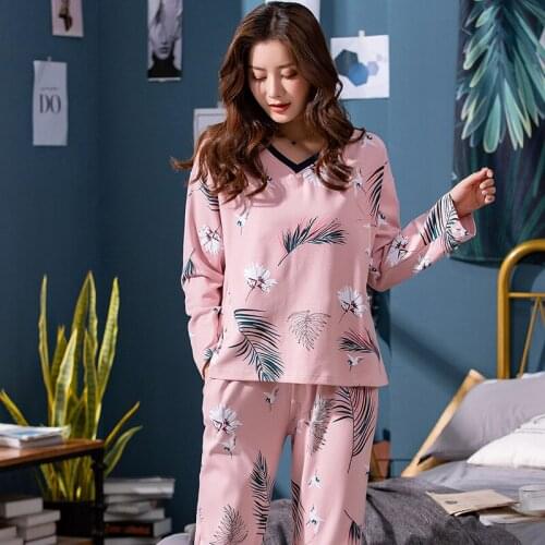 Full Pure Cotton Casual Women Pajamas Sets Spring V-Neck Print Vogue Long Sleeve Sleepwear Sets Home Suits Nightwear For Women