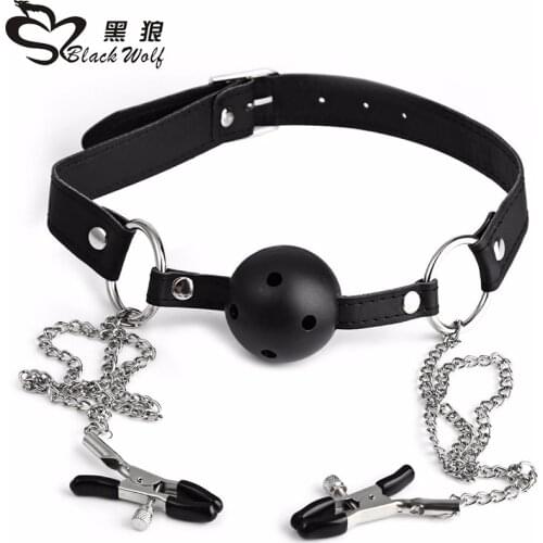 Hollow black Ball Mouth Ball Gag Nipple Clamps Mouth Sex Stopper Romance Loving Joy Adult Sex Game Toys for Couples