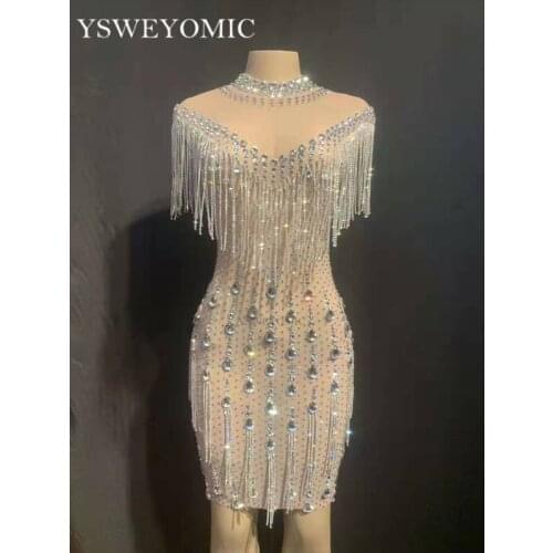 Crystals Fringes See Through Mesh Dress Women Birthday Party Celebrate Stones Dress Bar Nightclub Women Dance Costume On Sale