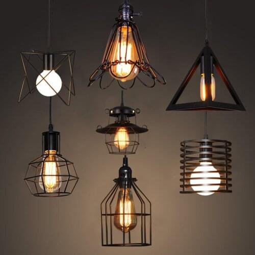 Modern black cage pendant lights iron minimalist retro Scandinavian loft pyramid lamp metal Hanging Lamp E27 Indoor